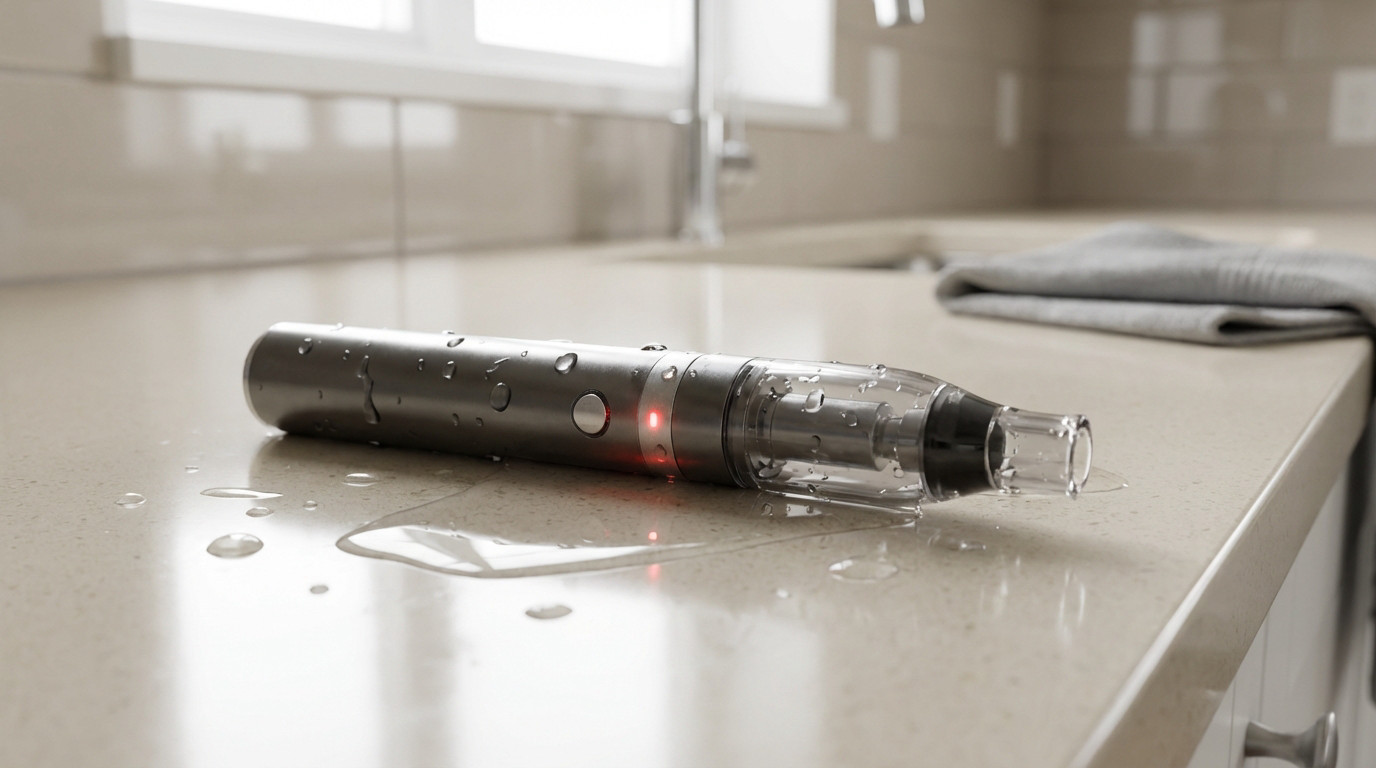 Cigarette électronique trempée sur un comptoir de cuisine, entourée de flaques d'eau, sa lumière rouge allumée.